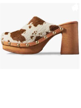 YDN Brown Cow Platform Slip On Clogs Mules Cork High Heel Round Toe Rivet Sandal